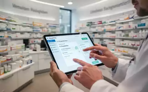 Nahaufnahme einer digitalen Tablet-Oberfläche mit E-Rezept in einer modernen deutschen Apotheke, die digitale Gesundheitsversorgung zeigt. - Foto: über boerse-global.de