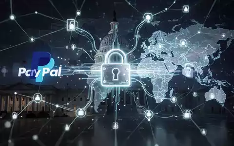 Abstrakte Visualisierung digitaler Zahlungsströme mit verbundenen Knoten und leuchtenden Linien zwischen PayPal-Logo und Regierungsgebäude. - Foto: über boerse-global.de
