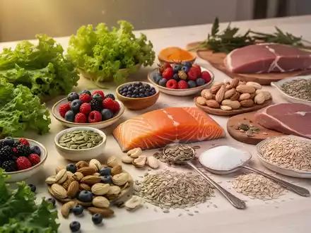 Eine Nahaufnahme einer ansprechend arrangierten Auswahl gesunder Lebensmittel wie Beeren, Nüsse, Fisch und Gemüse auf einem Holztisch. - Foto: über boerse-global.de