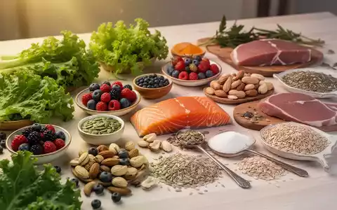 Eine Nahaufnahme einer ansprechend arrangierten Auswahl gesunder Lebensmittel wie Beeren, Nüsse, Fisch und Gemüse auf einem Holztisch. - Foto: über boerse-global.de