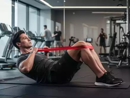 Eine Person führt Bauchmuskelübungen mit einem roten Theraband in einem modernen Fitnessstudio aus, Fokus auf Rumpfstabilität. - Foto: über boerse-global.de