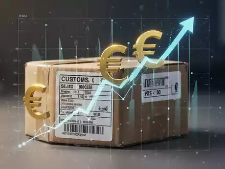 Ein kleines Paket mit einem Zollaufkleber und einem steigenden Euro-Symbol, das die EU-Steuer auf Kleinimporte symbolisiert. - Foto: über boerse-global.de