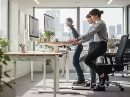Eine Person steht an einem modernen, höhenverstellbaren Schreibtisch und passt ihre Arbeitsposition an, um dynamisches Arbeiten zu demonstrieren. - Foto: über boerse-global.de