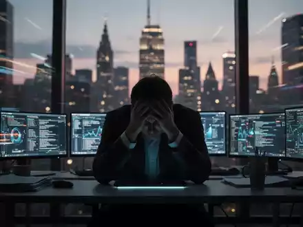 Eine erschöpfte Person, die ihren Kopf in den Händen hält, sitzt vor einem Schreibtisch mit leuchtenden Bildschirmen vor einer verschwommenen Stadtkulisse. - Foto: über boerse-global.de