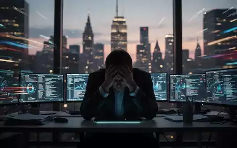 Eine erschöpfte Person, die ihren Kopf in den Händen hält, sitzt vor einem Schreibtisch mit leuchtenden Bildschirmen vor einer verschwommenen Stadtkulisse. - Foto: über boerse-global.de