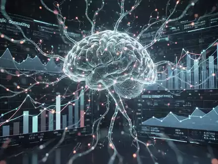 Abstrakte Darstellung von KI und Unternehmensfusionen. Leuchtende neuronale Netze verschmelzen mit digitalen Diagrammen, die M&A und Strategieberatung symbolisieren. - Foto: über boerse-global.de
