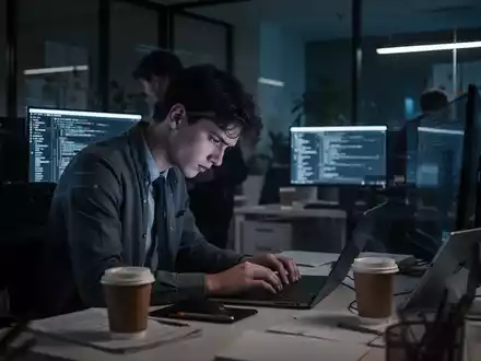 Ein junger, gestresster Profi arbeitet nachts in einem modernen Startup-Büro, umgeben von Bildschirmen und Kaffeetassen. - Foto: über boerse-global.de