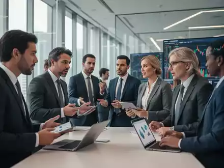 Eine Gruppe von Finanzexperten in einem modernen Büro, die zusammenarbeiten und strategische Entscheidungen treffen. - Foto: über boerse-global.de