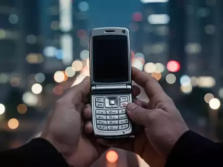 Hände halten ein altes Klapphandy in einer Stadt, Symbol für Rückkehr zum analogen Leben und digitale Unabhängigkeit. - Foto: über boerse-global.de