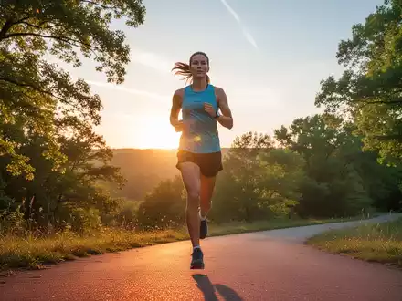 Eine Person joggt auf einem malerischen Weg bei Sonnenaufgang, umgeben von grünen Bäumen und klarem Himmel. - Foto: über boerse-global.de