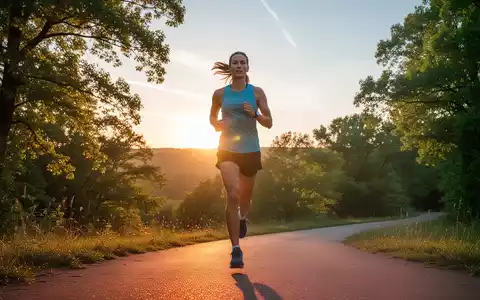 Eine Person joggt auf einem malerischen Weg bei Sonnenaufgang, umgeben von grünen Bäumen und klarem Himmel. - Foto: über boerse-global.de