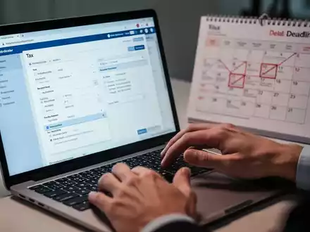 Hände tippen auf einer Laptoptastatur, auf dem Bildschirm ist Steuersoftware zu sehen, im Hintergrund ein Kalender mit einer Frist. - Foto: über boerse-global.de