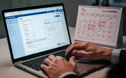 Hände tippen auf einer Laptoptastatur, auf dem Bildschirm ist Steuersoftware zu sehen, im Hintergrund ein Kalender mit einer Frist. - Foto: über boerse-global.de