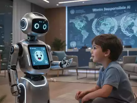 Futuristischer persönlicher Roboter mit freundlicher Schnittstelle interagiert mit einem Kind, symbolisiert KI-Kompetenz und verantwortungsvollen Einsatz. - Foto: über boerse-global.de