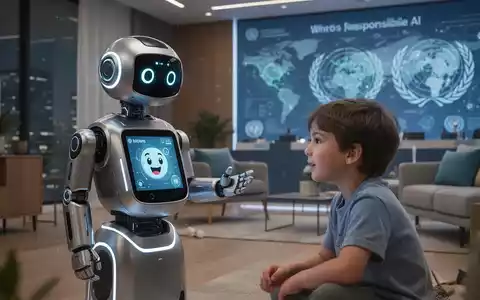Futuristischer persönlicher Roboter mit freundlicher Schnittstelle interagiert mit einem Kind, symbolisiert KI-Kompetenz und verantwortungsvollen Einsatz. - Foto: über boerse-global.de