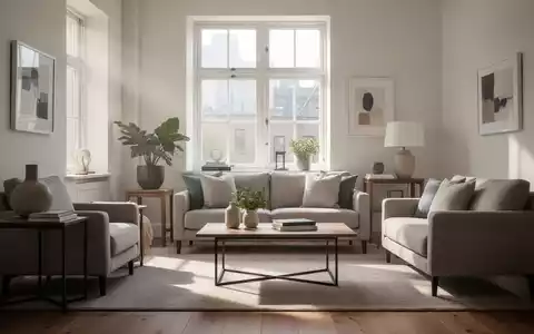 Ein minimalistisches, aufgeräumtes Wohnzimmer mit ordentlich arrangierten Möbeln und wenigen ausgewählten Dekorationsstücken. Sonnenlicht durchflutet den Raum. - Foto: über boerse-global.de