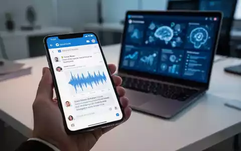 Eine Hand hält ein Smartphone mit Outlook-E-Mail und Sprachdiktat-Wellenform. Verschwommener moderner Schreibtisch im Hintergrund. - Foto: über boerse-global.de