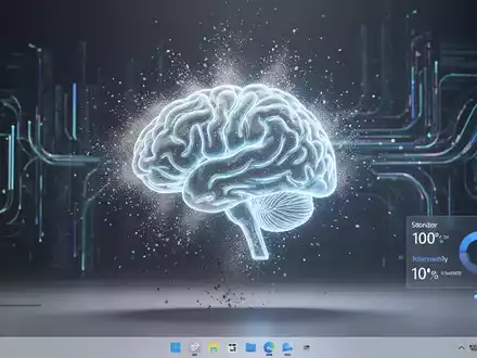 Leuchtendes KI-Gehirn-Symbol löst sich in digitalen Staub auf, über Windows-11-Desktop mit Datenströmen, symbolisiert KI-Deinstallation und Speicherrückgewinnung. - Foto: über boerse-global.de