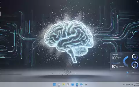 Leuchtendes KI-Gehirn-Symbol löst sich in digitalen Staub auf, über Windows-11-Desktop mit Datenströmen, symbolisiert KI-Deinstallation und Speicherrückgewinnung. - Foto: über boerse-global.de