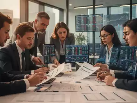 Eine Gruppe von Finanzexperten arbeitet in einem modernen Büro an Finanzdokumenten und digitalen Hauptbüchern. - Foto: über boerse-global.de