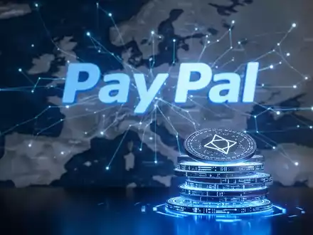PayPal-Logo über Europakarte mit digitalen Linien und leuchtenden Coins, Symbol für Finanzexpansion und Stablecoins. - Foto: über boerse-global.de