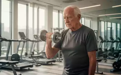 Ein älterer Mann trainiert mit einer leichten Hantel in einem modernen Fitnessstudio, symbolisch für körperliche Aktivität und Gehirngesundheit. - Foto: über boerse-global.de