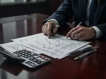 Eine nachdenkliche Person betrachtet Finanzdokumente mit einem Taschenrechner und Stift auf einem dunklen Holztisch. - Foto: über boerse-global.de