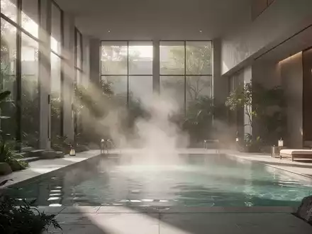 Ein luxuriöser Spa-Komplex mit Dampf über einem Pool, umgeben von moderner Architektur und natürlichen Elementen. - Foto: über boerse-global.de