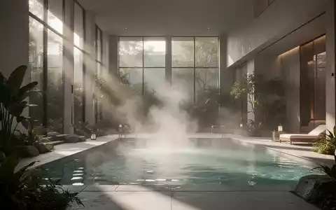 Ein luxuriöser Spa-Komplex mit Dampf über einem Pool, umgeben von moderner Architektur und natürlichen Elementen. - Foto: über boerse-global.de