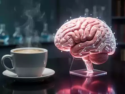 Eine dampfende Tasse Kaffee neben einem stilisierten, leuchtenden Gehirnmodell auf einer dunklen Oberfläche, im Hintergrund eine verschwommene Laborumgebung. - Foto: über boerse-global.de
