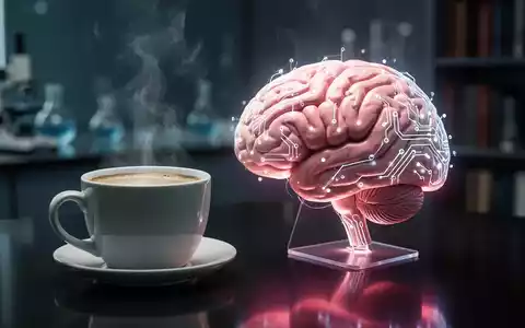 Eine dampfende Tasse Kaffee neben einem stilisierten, leuchtenden Gehirnmodell auf einer dunklen Oberfläche, im Hintergrund eine verschwommene Laborumgebung. - Foto: über boerse-global.de