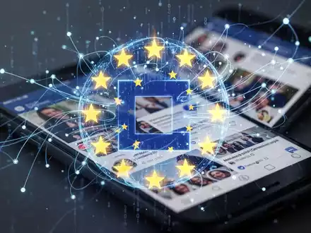 Abstrakte Darstellung der EU-Flagge mit digitalen Datenströmen, Symbol für Tech-Regulierung und Plattformhaftung. - Foto: über boerse-global.de