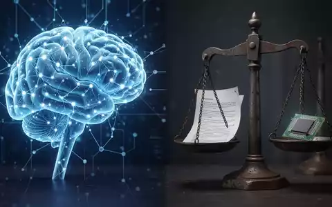 Ein stilisiertes, leuchtendes neuronales Netzwerk-Gehirn und eine antike Waage mit Dokument und Mikrochip, symbolisieren KI und Rechtsstreitigkeiten. - Foto: über boerse-global.de