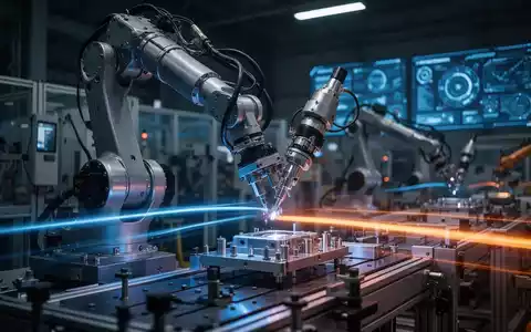 Ein Industrieroboterarm, beleuchtet von blauem und orangefarbenem Licht, arbeitet präzise an Bauteilen in einer Hightech-Fabrik. - Foto: über boerse-global.de