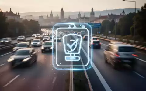 Ein digitales Vignetten-Symbol schwebt über einer belebten europäischen Autobahn bei Sonnenuntergang, symbolisiert Maut und Kfz-Steuern. - Foto: über boerse-global.de