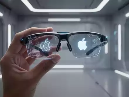 Nahaufnahme futuristischer KI-Smartglasses mit dezent leuchtendem Interface, gehalten von einer Hand in einer Hightech-Umgebung. - Foto: über boerse-global.de