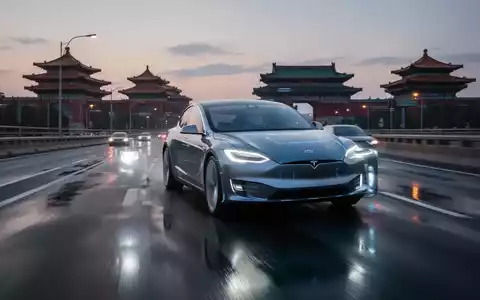 Ein Tesla fährt in der Dämmerung autonom auf einer mehrspurigen Autobahn in China, im Hintergrund Stadtlichter. - Foto: über boerse-global.de