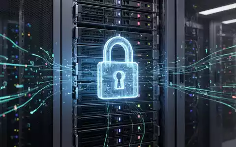 Ein stilisiertes, digitales Vorhängeschloss leuchtet auf einem Server-Rack in einem modernen Rechenzentrum, um Cybersicherheit und Compliance zu symbolisieren. - Foto: über boerse-global.de
