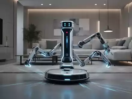 Ein fortschrittlicher Saugroboter mit ausfahrbaren Armen reinigt eine moderne Wohnzimmerumgebung und symbolisiert technologische Innovation in der Haushaltsreinigung. - Foto: über boerse-global.de