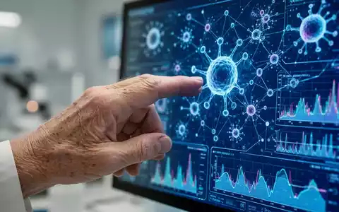 Eine Nahaufnahme einer menschlichen Hand mit leichten Altersspuren, die einen Bildschirm mit biologischen Daten und Graphen berührt. - Foto: über boerse-global.de