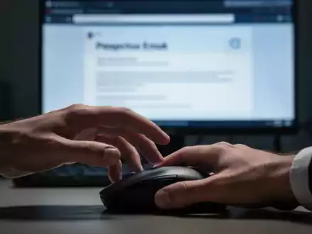 Eine Hand schwebt über einer Computermouse, im Hintergrund ein unscharfer Bildschirm mit einer täuschenden E-Mail-Oberfläche. - Foto: über boerse-global.de