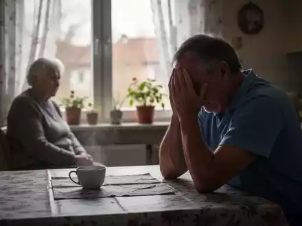 Erschöpfte Betreuungskraft sitzt an einem Küchentisch, während im Hintergrund eine ältere Person unscharf zu sehen ist. - Foto: über boerse-global.de
