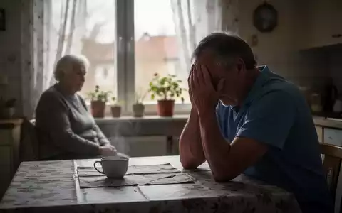 Erschöpfte Betreuungskraft sitzt an einem Küchentisch, während im Hintergrund eine ältere Person unscharf zu sehen ist. - Foto: über boerse-global.de