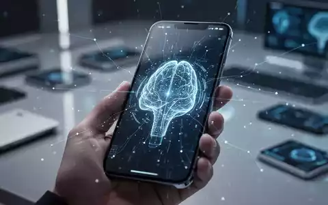 Nahaufnahme einer Hand, die ein modernes Smartphone mit leuchtender, abstrakter KI-Oberfläche und digitalen Verbindungen hält. - Foto: über boerse-global.de