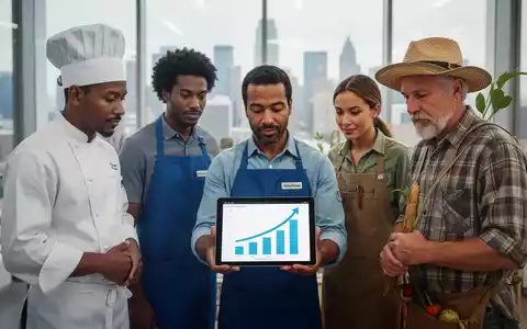Eine vielfältige Gruppe von Menschen, darunter ein Koch, eine Einzelhandelskraft und ein Landwirt, die auf ein Tablet blicken. - Foto: über boerse-global.de