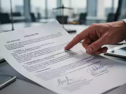 Eine Hand zeigt auf juristische Dokumente mit Unterschriften, im Hintergrund ein unscharfes Büro. Fokus auf arbeitsrechtliche Herausforderungen. - Foto: über boerse-global.de