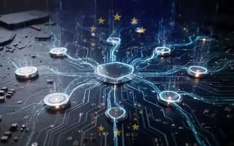 Leuchtende, vernetzte Leiterplatte mit digitalen Datenströmen, die Cybersicherheitsregulierung und KI in der EU symbolisiert. - Foto: über boerse-global.de