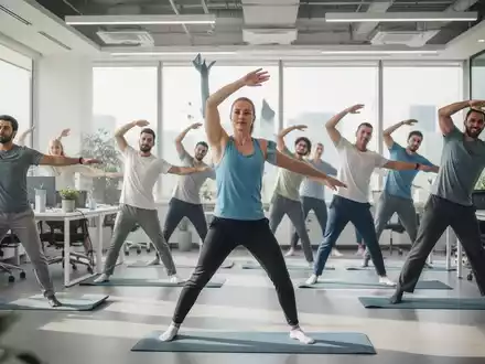 Mitarbeiter nehmen an einem betrieblichen Wellnessprogramm in einem modernen Büro teil, das Gesundheitsförderung am Arbeitsplatz symbolisiert. - Foto: über boerse-global.de