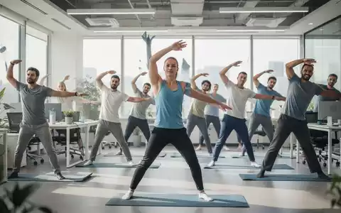 Mitarbeiter nehmen an einem betrieblichen Wellnessprogramm in einem modernen Büro teil, das Gesundheitsförderung am Arbeitsplatz symbolisiert. - Foto: über boerse-global.de