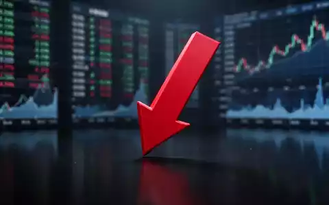 Ein roter Börsenpfeil zeigt scharf nach unten, umgeben von verschwommenen Finanzdaten, was einen Aktienrückgang symbolisiert. - Foto: über boerse-global.de